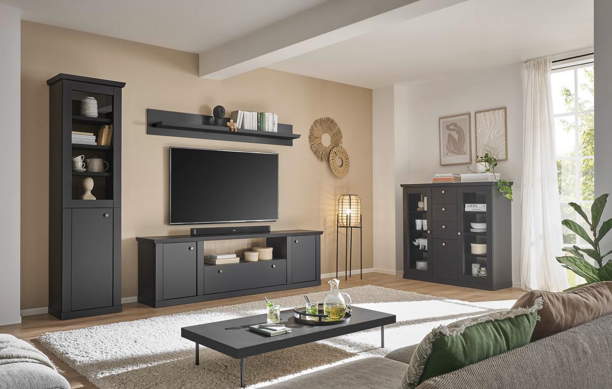 Wohnwand Lincoln Schwarz/Eichefarben B: 270cm - Eichefarben/Messingfarben, Design, Holzwerkstoff/Metall (270/200/42cm) - MID.YOU