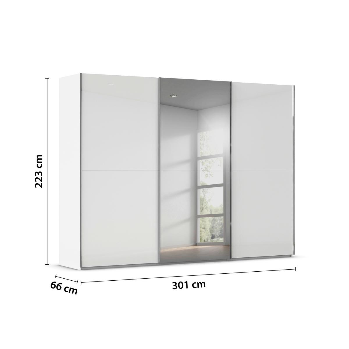 Schwebetürenschrank Fifty Weißglas/Grauspiegel - Chromfarben/Weiß, KONVENTIONELL, Holzwerkstoff/Metall (300/222/66cm) - Premium Living