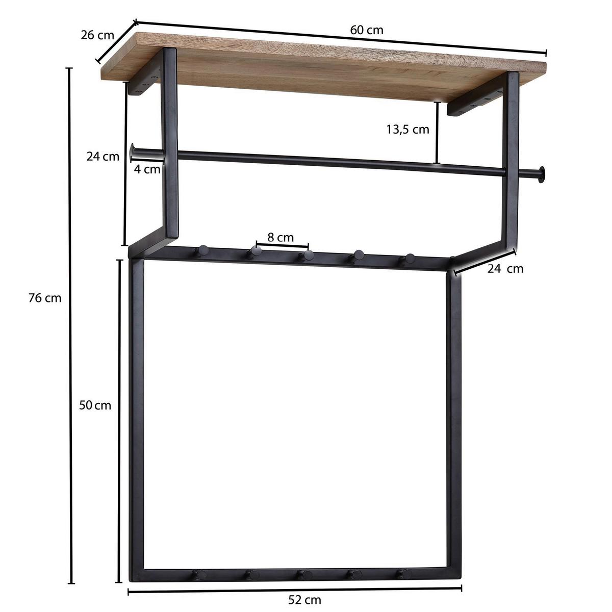 Wandgarderobe Wohnling ca.60x76x26cm Schwarz,Echtholz - Schwarz, MODERN, Holz/Metall (60/76/26cm) - MID.YOU