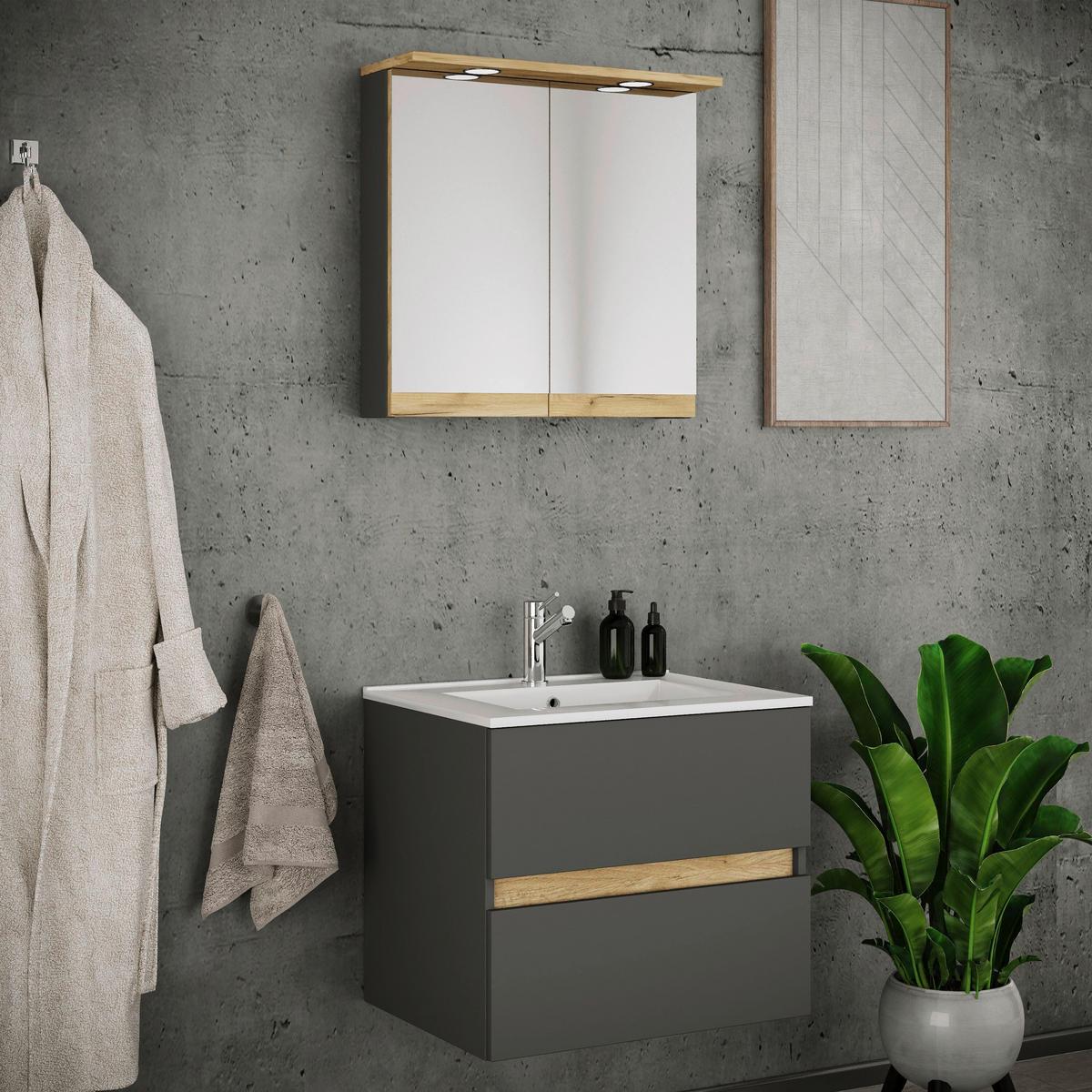 Badezimmer Cosila - Honigeiche/Weiss, Trend, Keramik/Holzwerkstoff (61cm) - MID.YOU