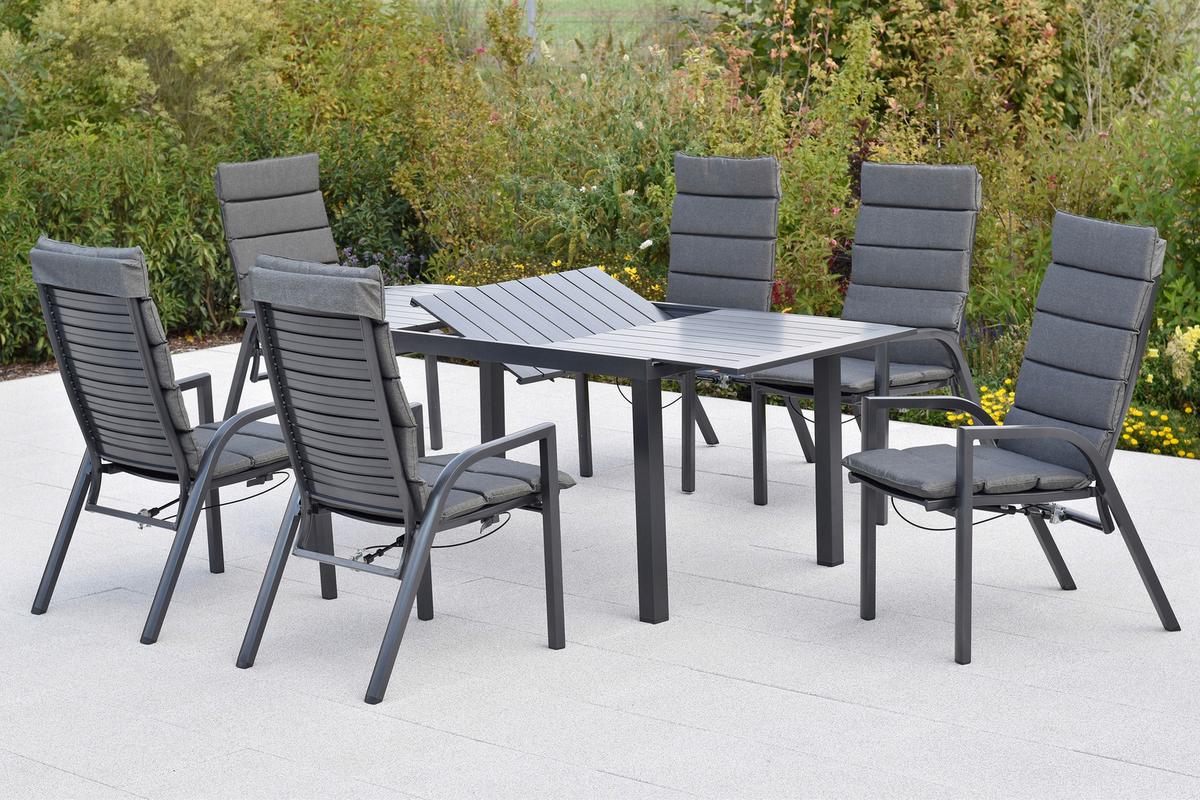 Gartentischgruppe Siros 7-tlg. Graphitfarben - Graphitfarben, KONVENTIONELL, Textil/Metall - Gardenson