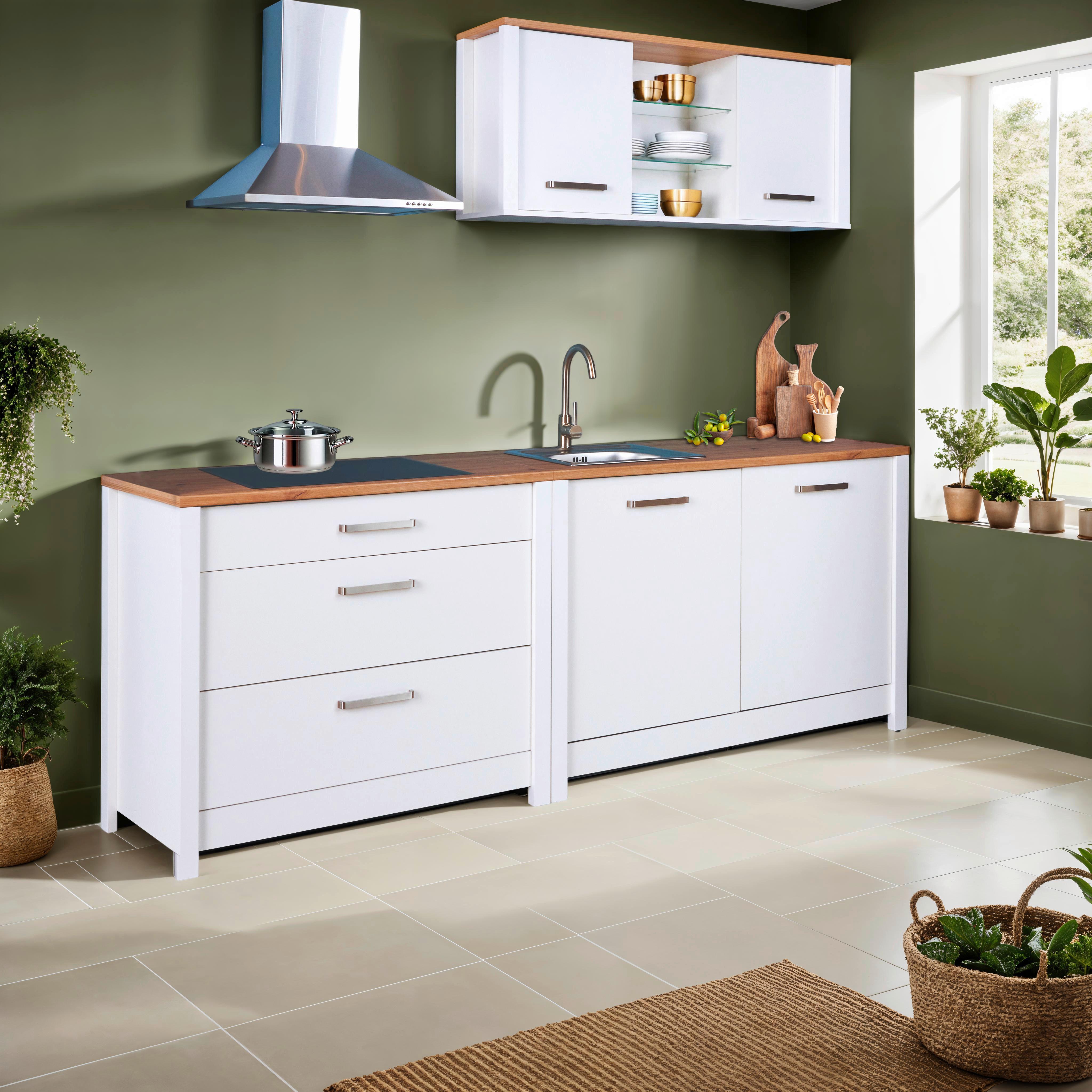 Küchenleerblock Bundle 3-Sorba o. Geräte Weiß - Silberfarben/Weiß, MODERN, Glas/Holzwerkstoff (230cm) - home24