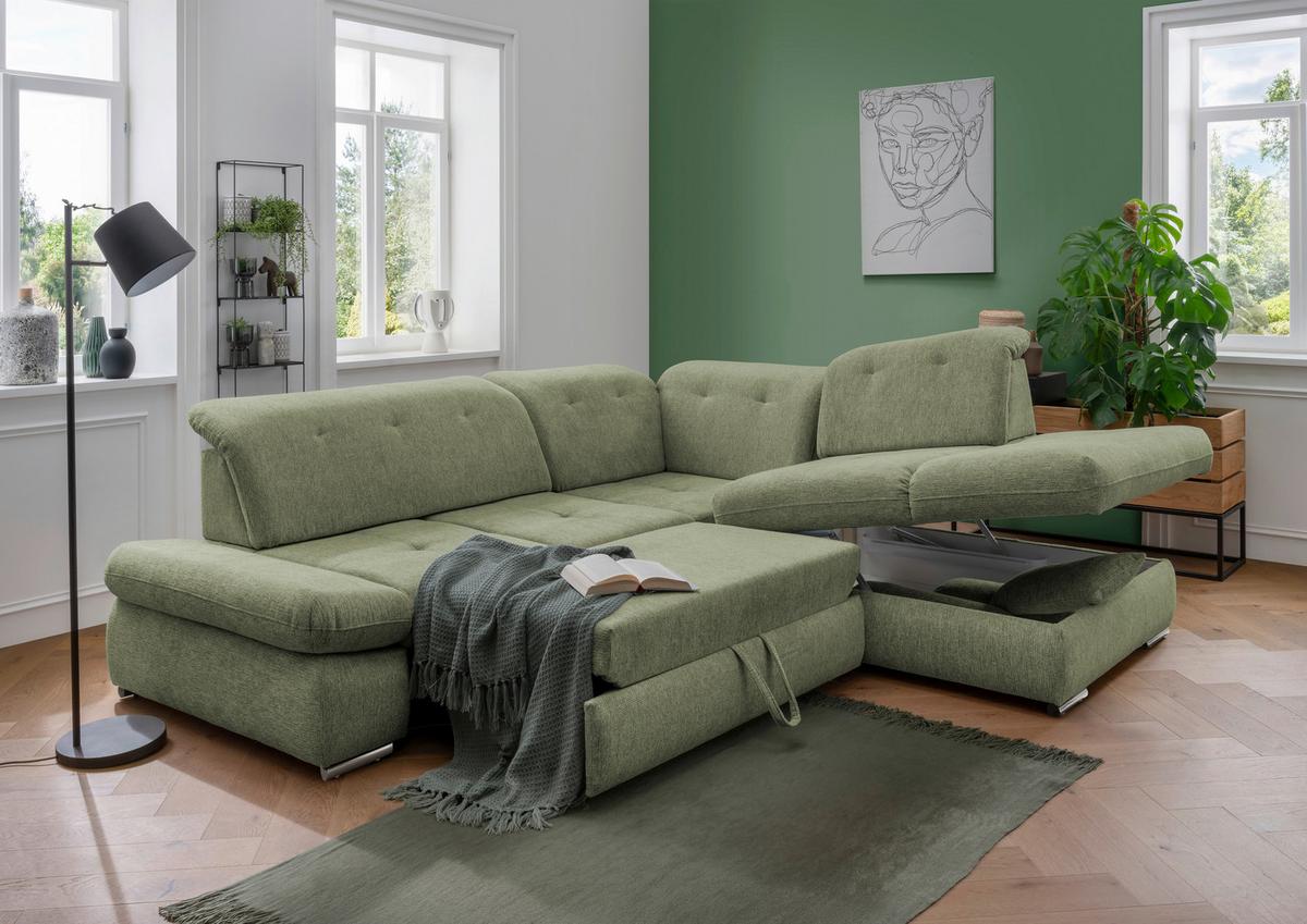 Wohnlandschaft Dalida Grün Chenille - Chromfarben/Grün, Design, Textil/Metall (280/254cm) - Livetastic