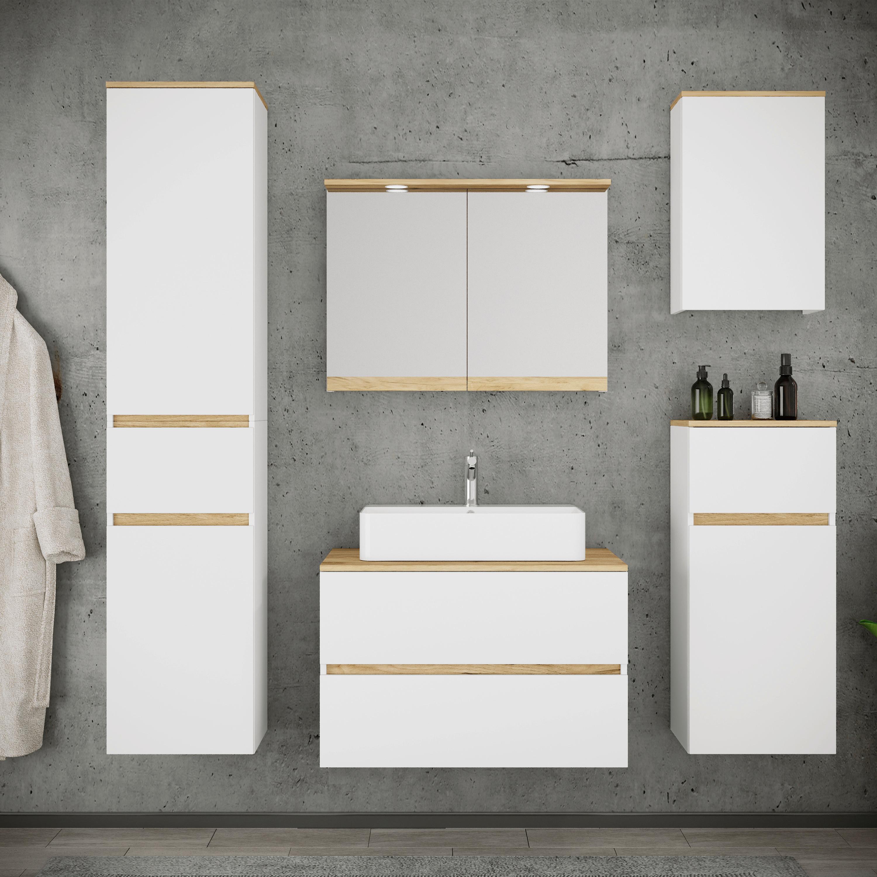 Badezimmer Cosila - Honigeiche/Weiss, Trend, Keramik/Holzwerkstoff (160cm) - MID.YOU