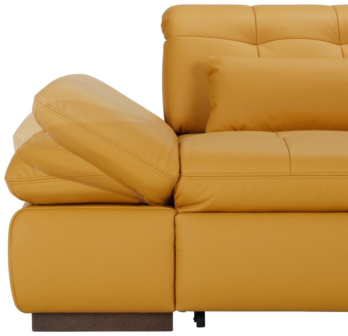 Ledersofa in Gelb mit Bettfunktion - Currygelb/Chromfarben, Konventionell, Leder/Metall (305/199cm) - Premium Living