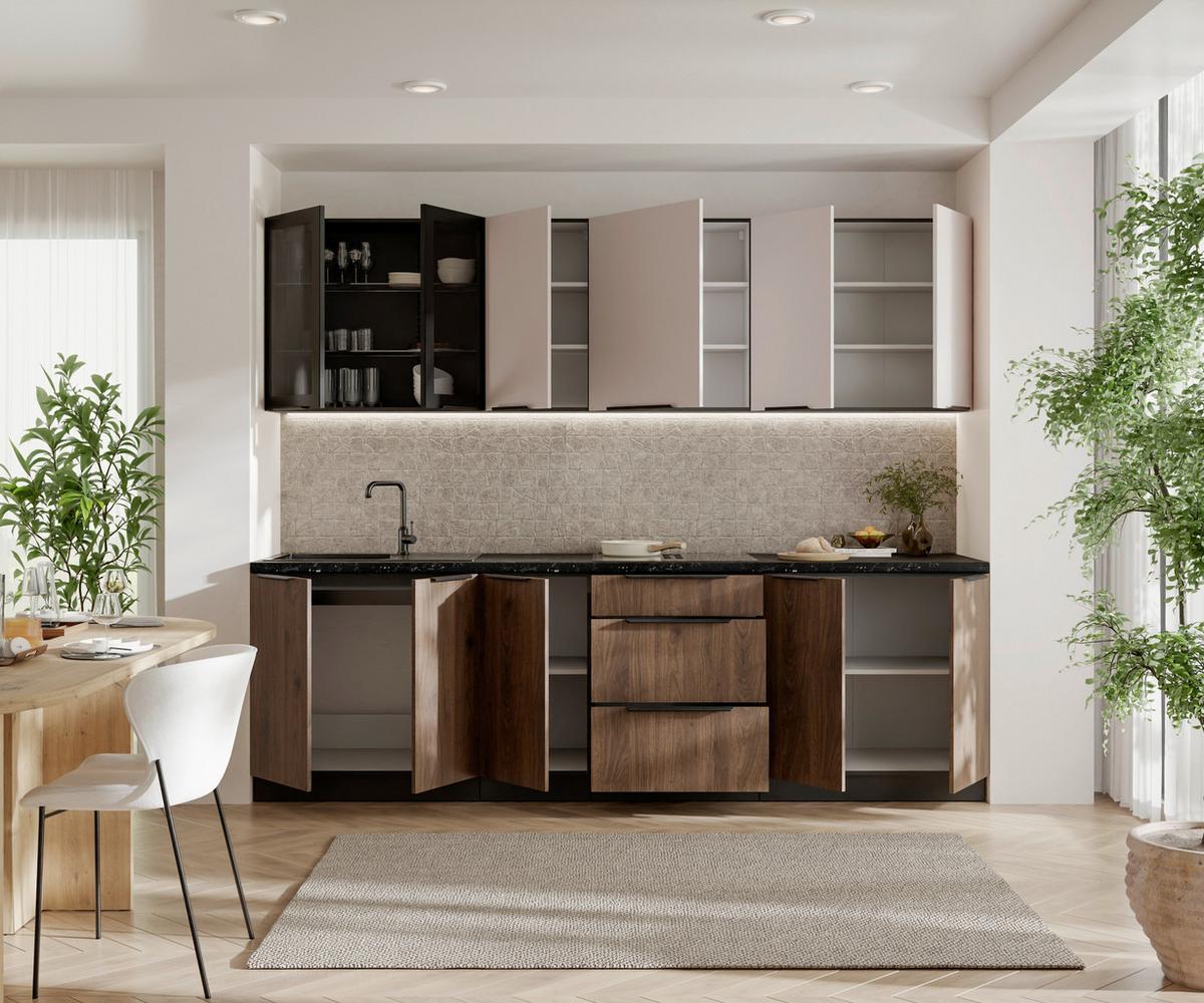 Blok Kuhinja Arona/monza - kašmir/boja orahovog drveta, Moderno, staklo/metal (260/210/60cm) - Modern Living