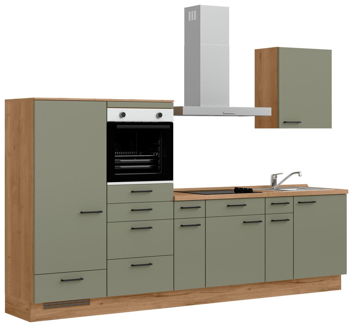 Küchenleerblock Senso Low o. Geräte Olivgrün - Eichefarben/Schwarz, MODERN, Holzwerkstoff/Metall (300cm) - Nobilia