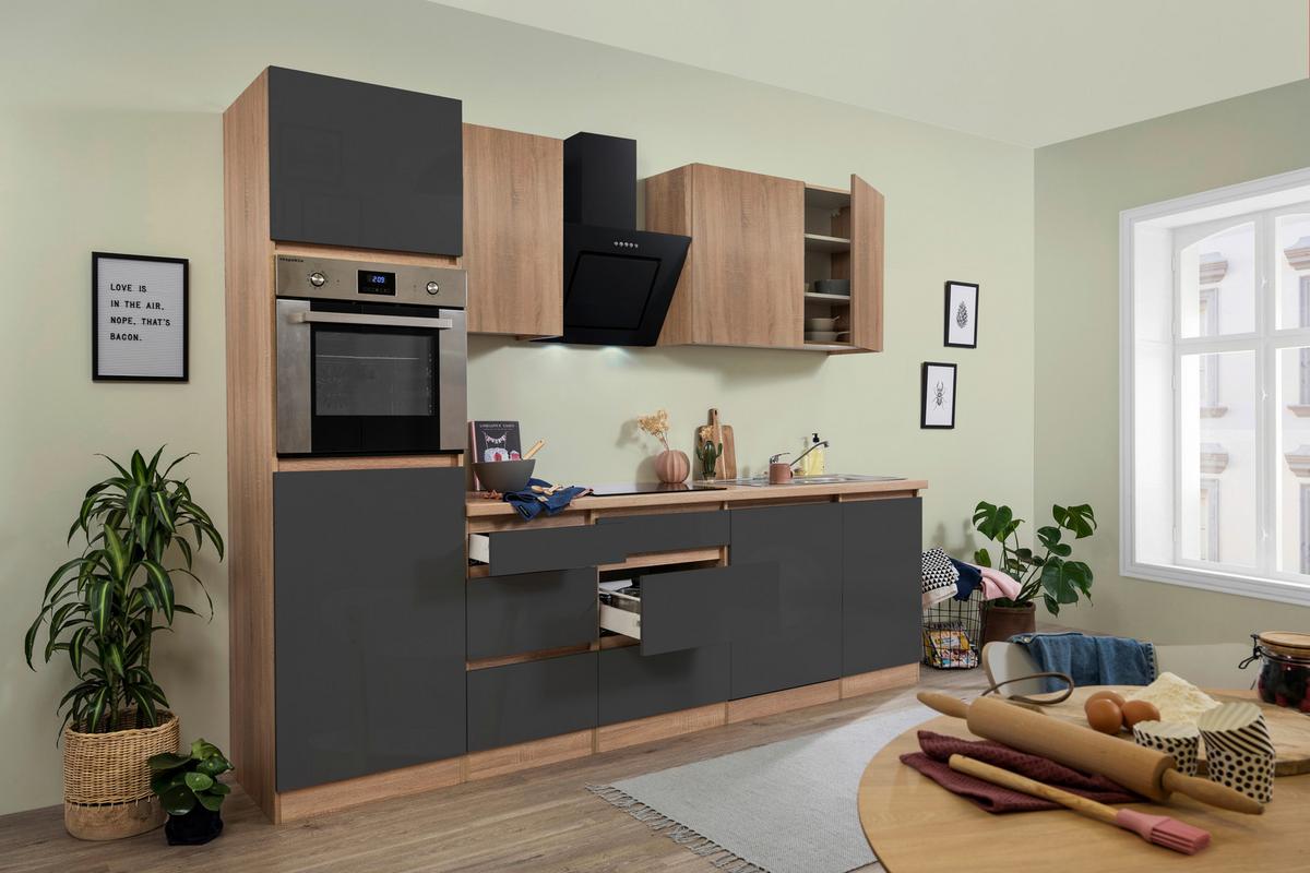 Küchenzeile Premium m. Geräte Grau/Eiche B: ca. 280 cm - Eichefarben/Grau, Basics, Holzwerkstoff (280cm) - Respekta