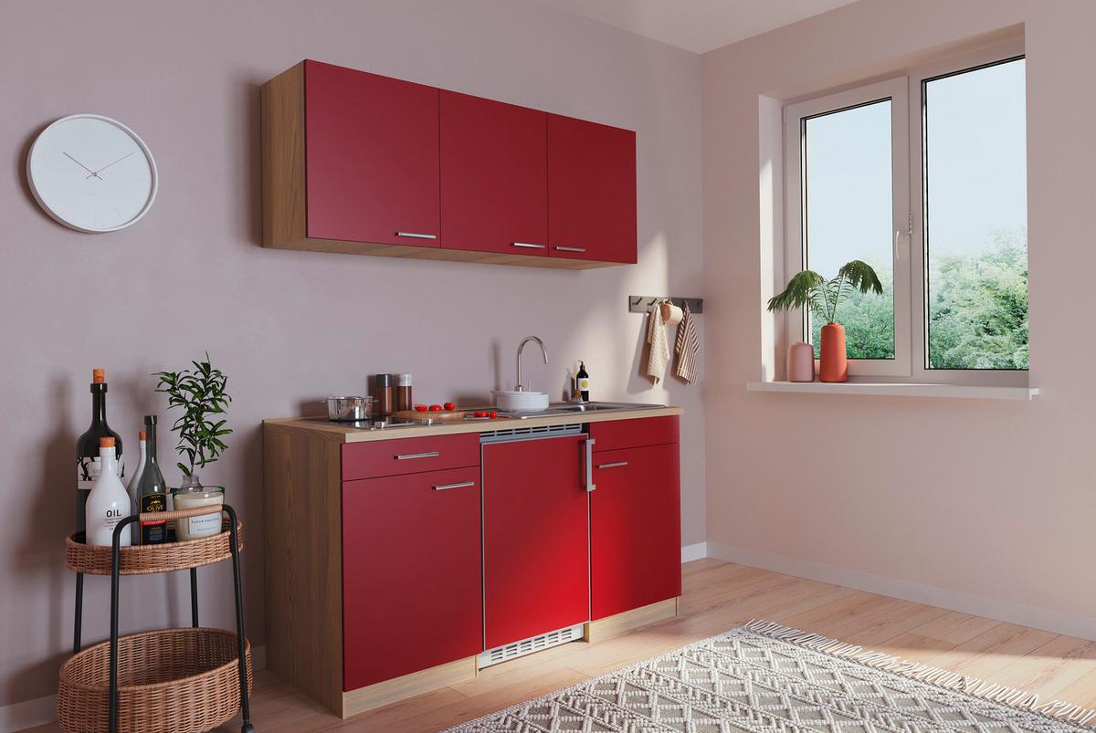Miniküche Economy m. Geräten B: ca. 150cm Rot/Eichefarben - Rot, Basics, Holzwerkstoff (150cm) - Respekta