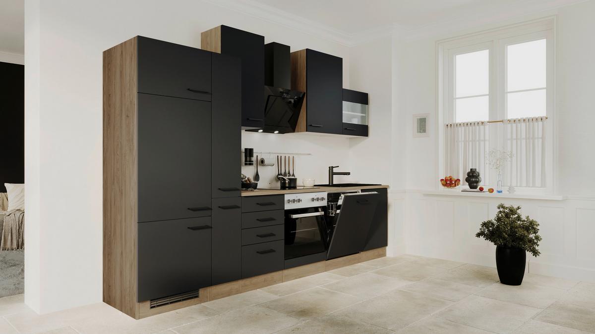 Kuhinjski Blok Z Aparati Capri, Črna, Barva Hrasta - črna/barve hrasta, Basics, kovina/leseni material (310cm) - FlexWell