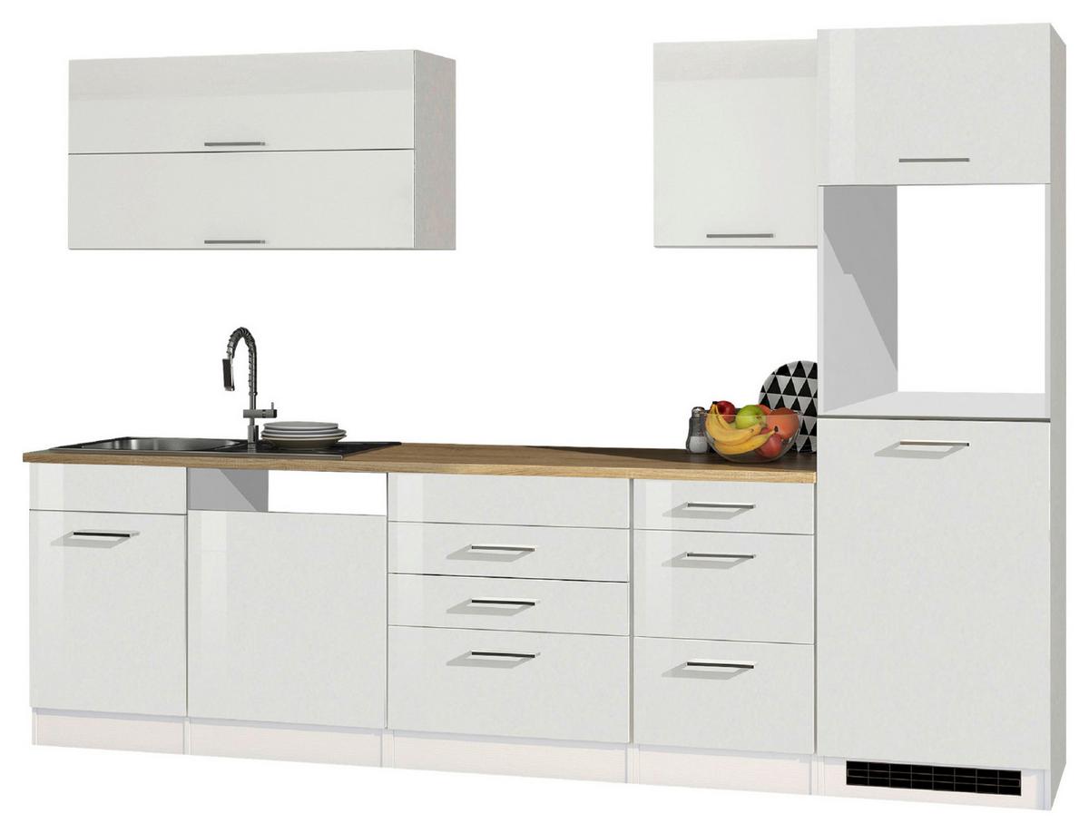 Küchenleerblock Mailand m. Geräten Weiß Hochglanz - Weiß Hochglanz/Silberfarben, MODERN, Holzwerkstoff/Metall (300cm) - Held