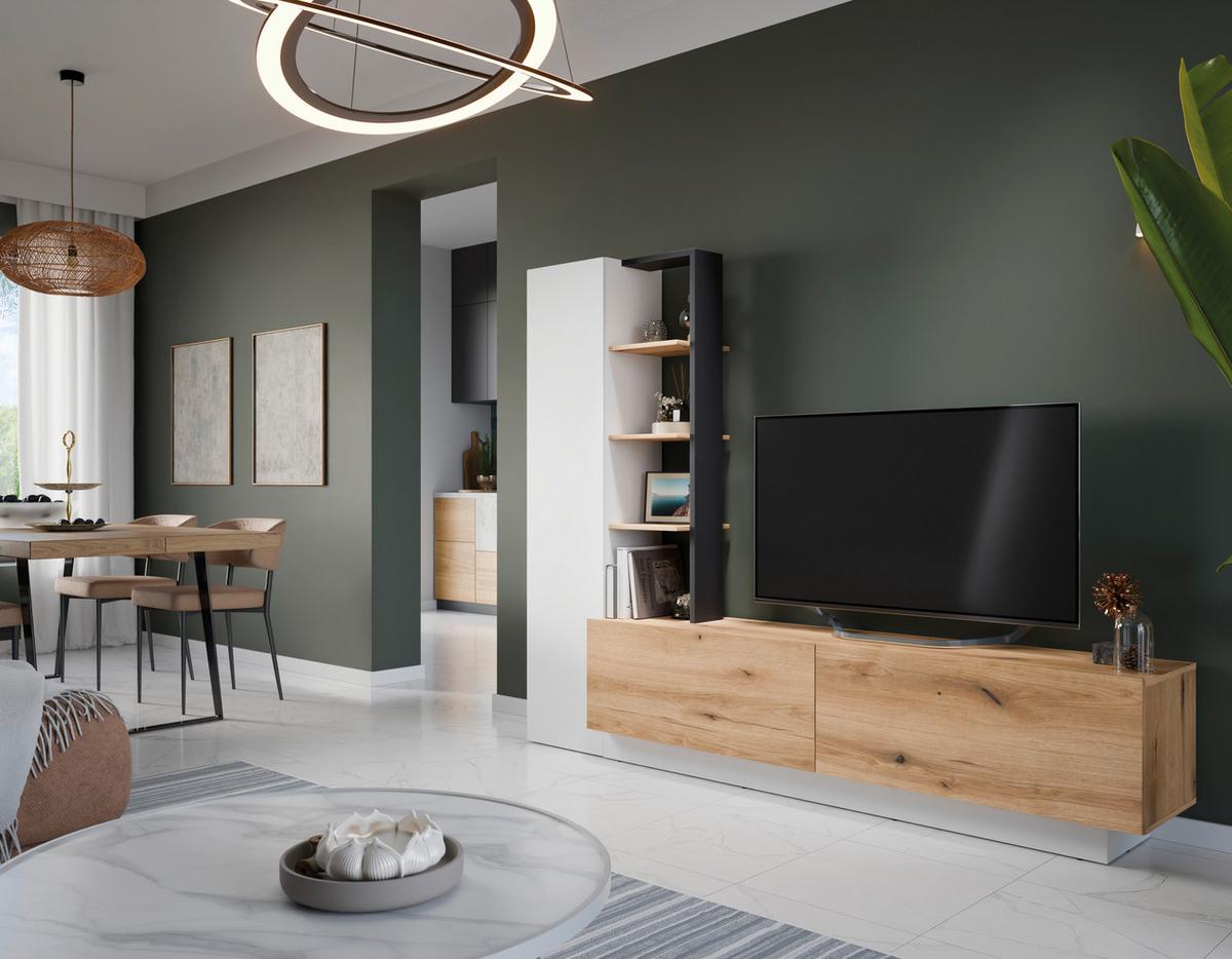 Ansamblu mobilier camera de zi TEVISA - alb/culoare lemn stejar, Modern, material pe bază de lemn (230/180/41,6cm) - Modern Living