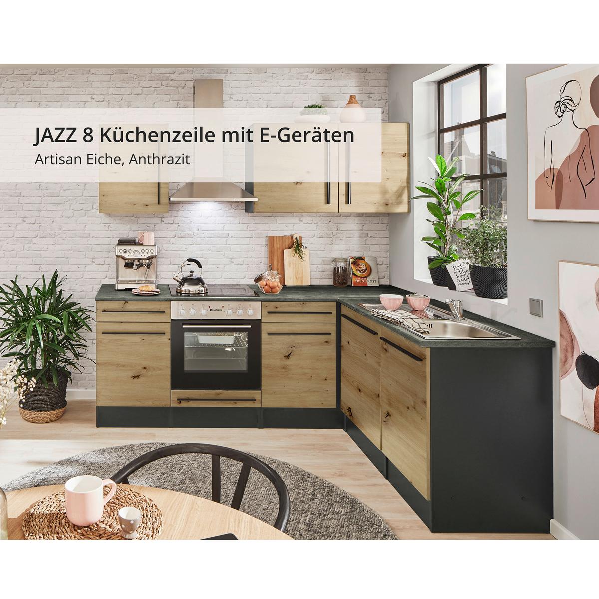 Eckküche Jazz mit Geräten ca.220x175cm Eiche/Anthrazit - Anthrazit/Schwarz, LIFESTYLE, Holzwerkstoff/Kunststoff (220/175cm) - P & B