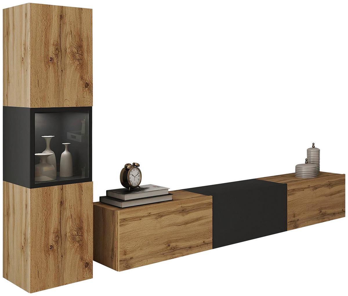 Dnevni Regal Berlin I, Barva Hrasta, Osvetlitev, 2-Delni - hrast wotan/črna, Design, umetna masa/steklo (210/130/32,5cm) - MID.YOU