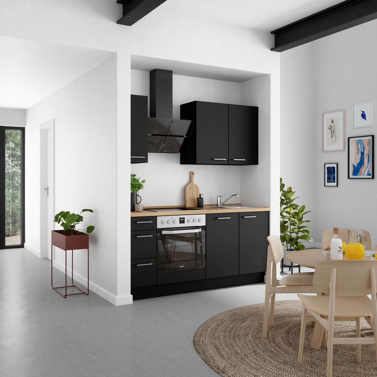 Küchenblock Touch High m. Geräten Schwarz - Edelstahlfarben/Eichefarben, MODERN, Holzwerkstoff/Metall (180cm) - Nobilia