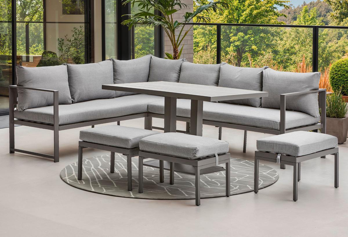 KOMPLET STOŁOWY NA TARAS MASSA - antracytowy/szary, Modern, metal/tkanina (193/244cm) - Ambia Garden