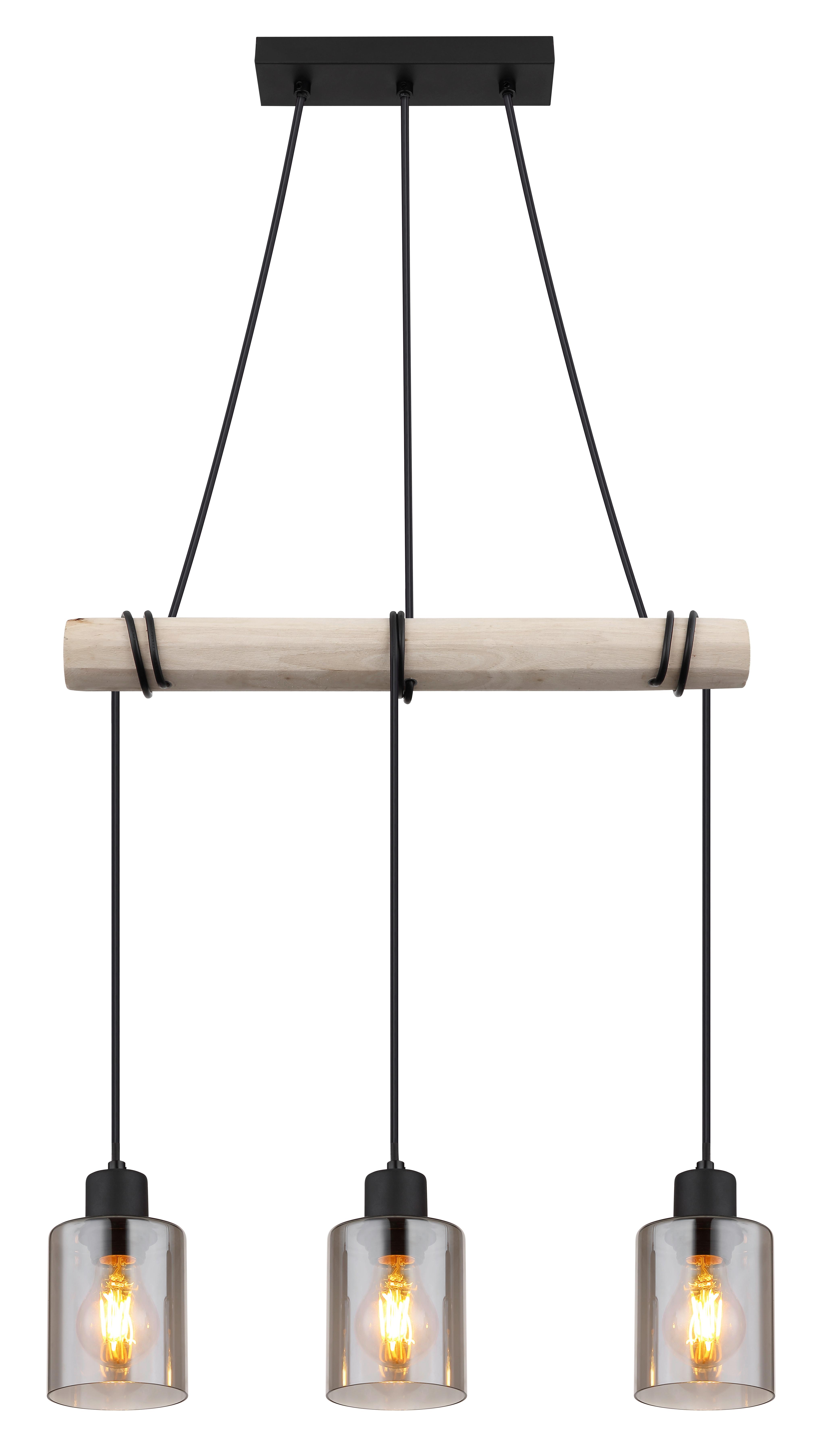 Hängeleuchte Hadera max. 40 Watt - Schwarz/Naturfarben, Natur, Glas/Holz (50/10/140cm) - Globo