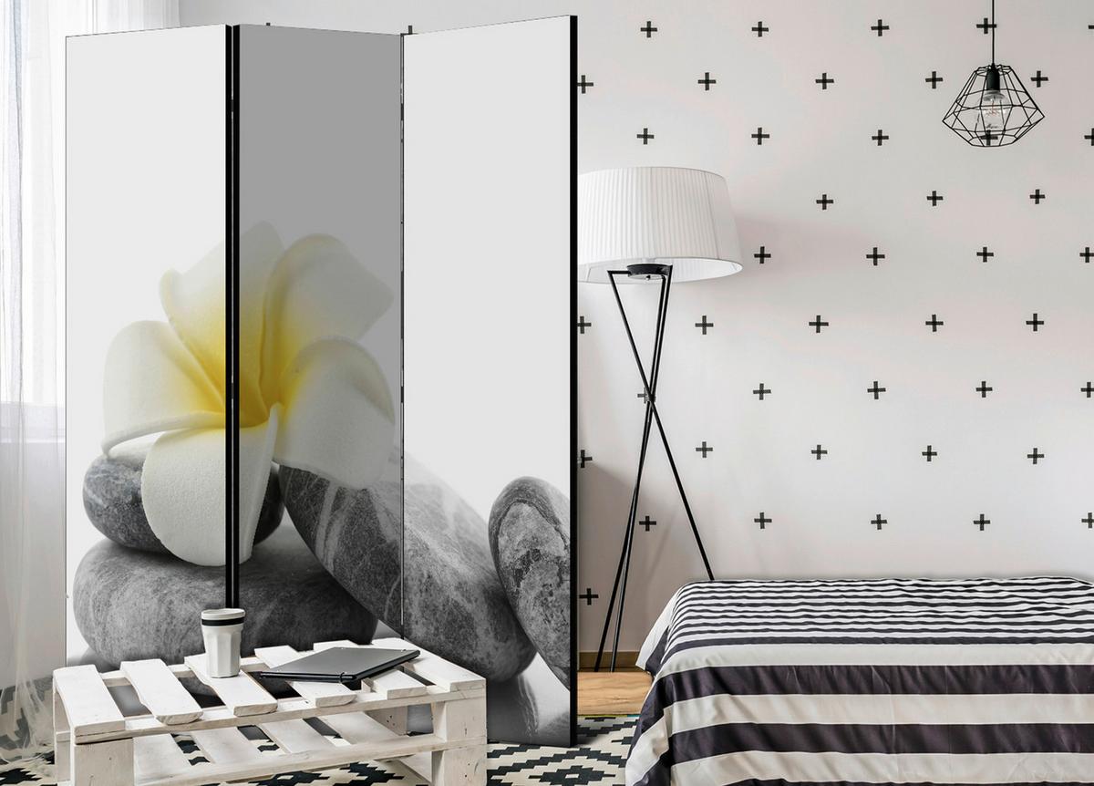 Paravan White Lotus, 3-Delni, Dvostranski - rumena/bela, Basics, tekstil/les (135/172/3cm) - artgeist