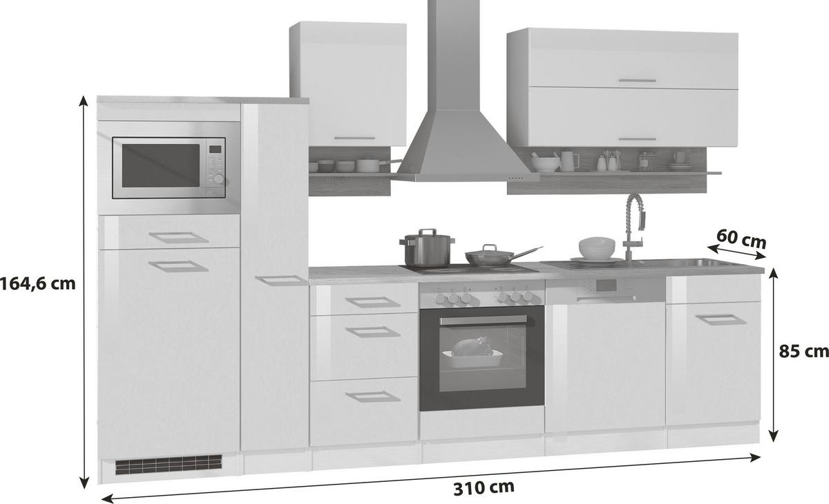 Küchenblock in Anthrazit inkl. E-Geräte 'Mailand' - Chromfarben/Eichefarben, MODERN, Holzwerkstoff/Metall (310cm) - Held