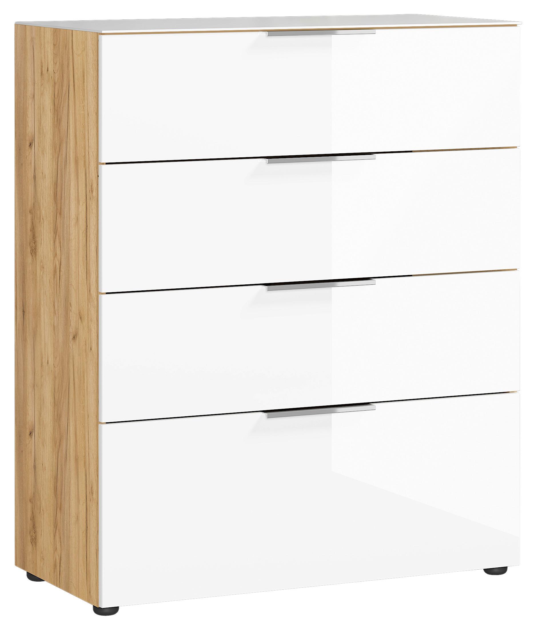 commode in Weiss/Eichefarben - couleur de chêne/couleur chromée, Modern, verre/métal (83/102/42cm) - Premium Living