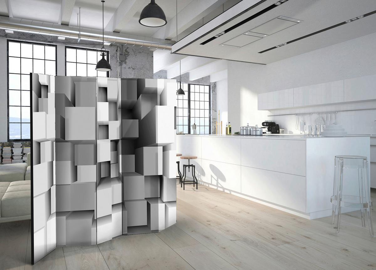 Paravan Geometric Puzzle I, 5-Delni, Akustičen - siva, Basics, umetna masa/tekstil (225/172/3cm) - artgeist