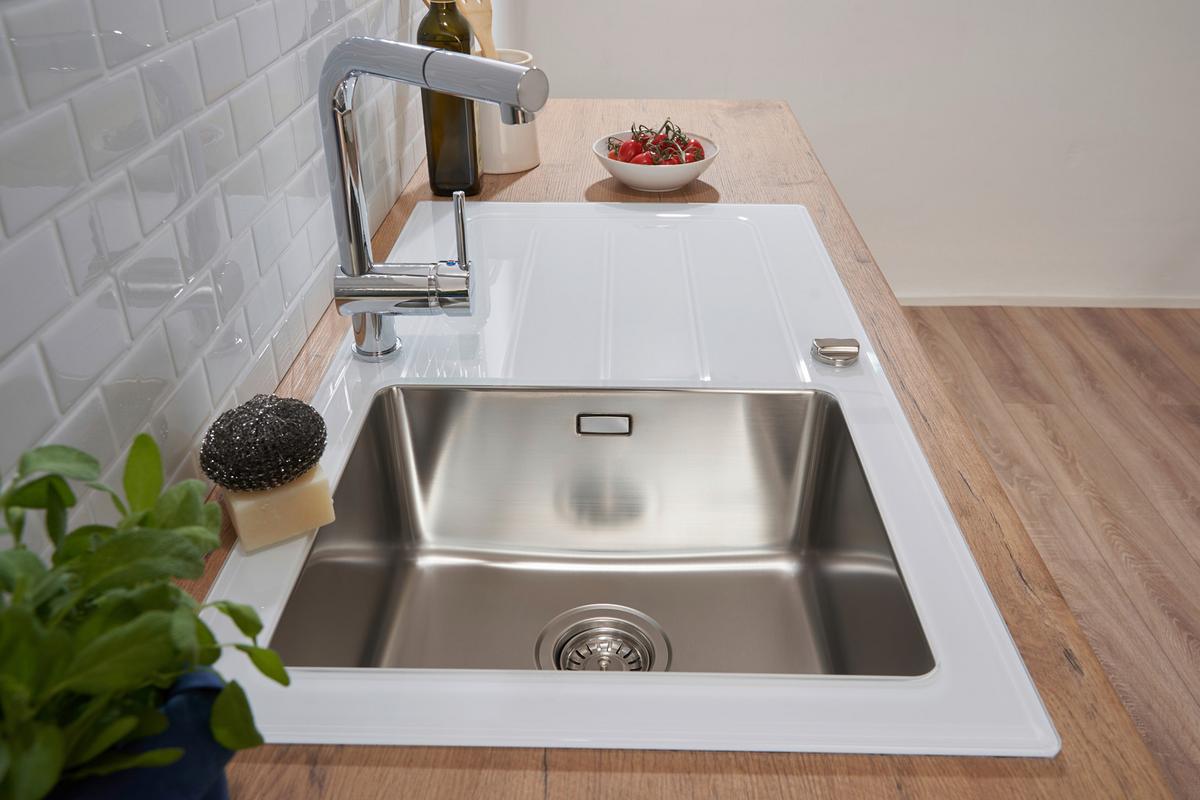 Spüle Weiß Glas/Edelstahl B: ca. 86 cm - Weiß, Trend, Glas/Metall (86/21/50cm) - Respekta