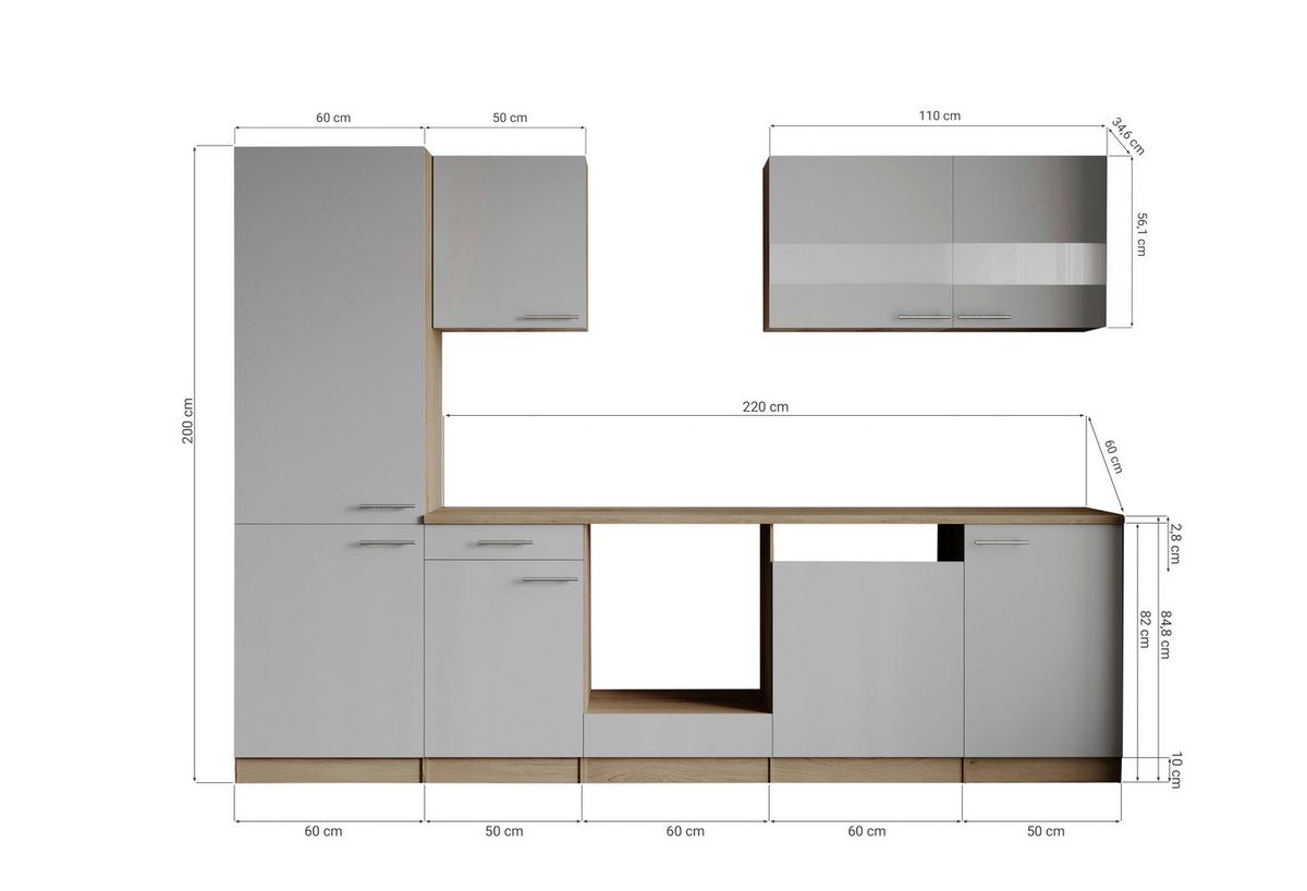 Küchenleerblock Merle o. Geräte Weiß - Edelstahlfarben/Eichefarben, Basics, Holzwerkstoff/Metall (280cm) - Respekta