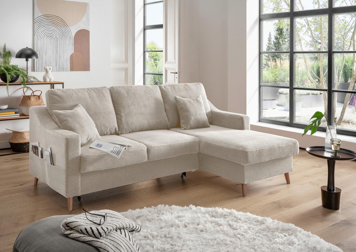 Ecksofa Valentina Cord ca. 228x150 cm Beige - Beige/Naturfarben, Design, Holz/Textil (228/150cm) - P & B