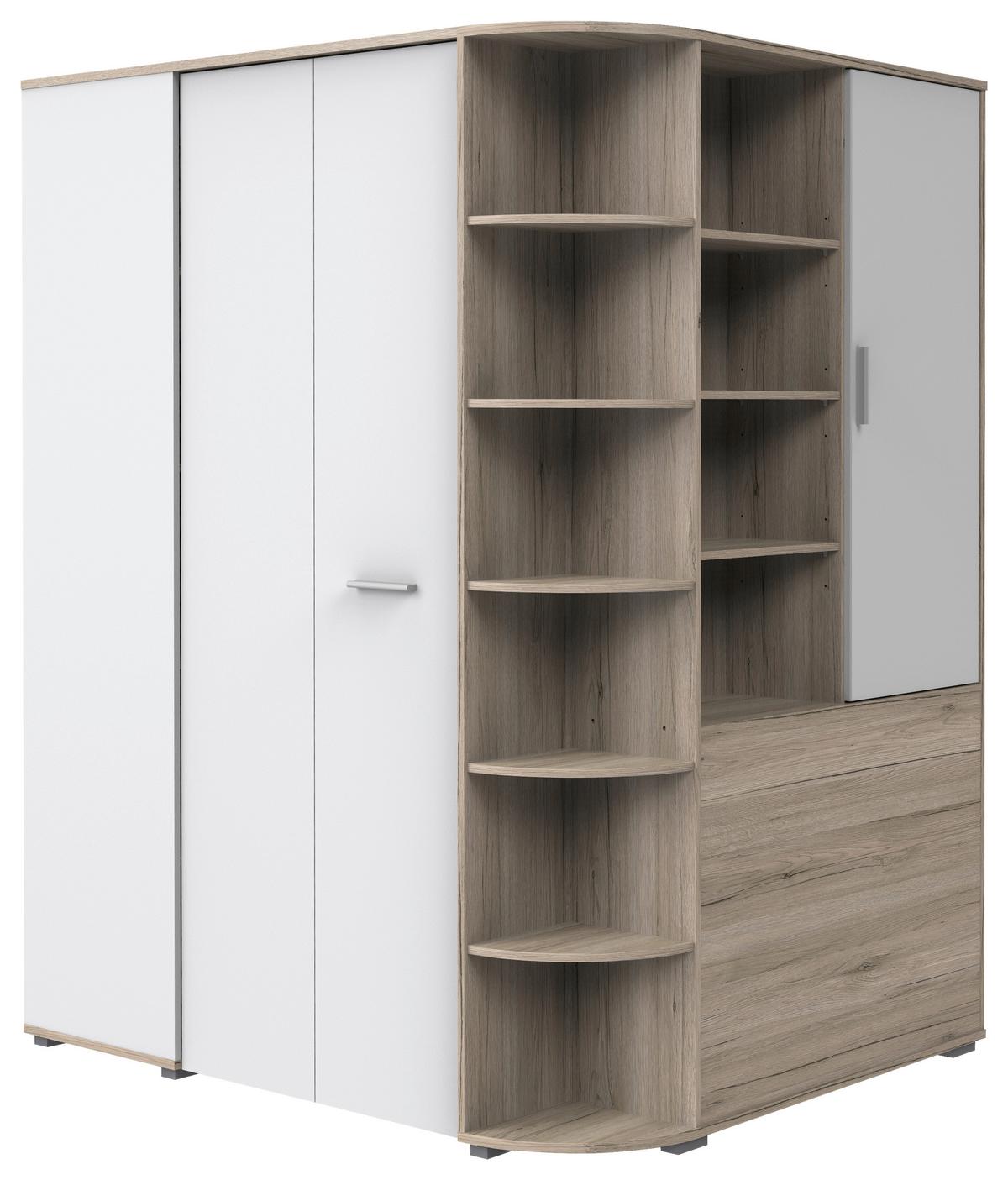 Eckschrank Young Weiß/Eiche San Remo - Alufarben/Weiß, KONVENTIONELL, Holzwerkstoff/Kunststoff (124/198/148cm) - Mömax