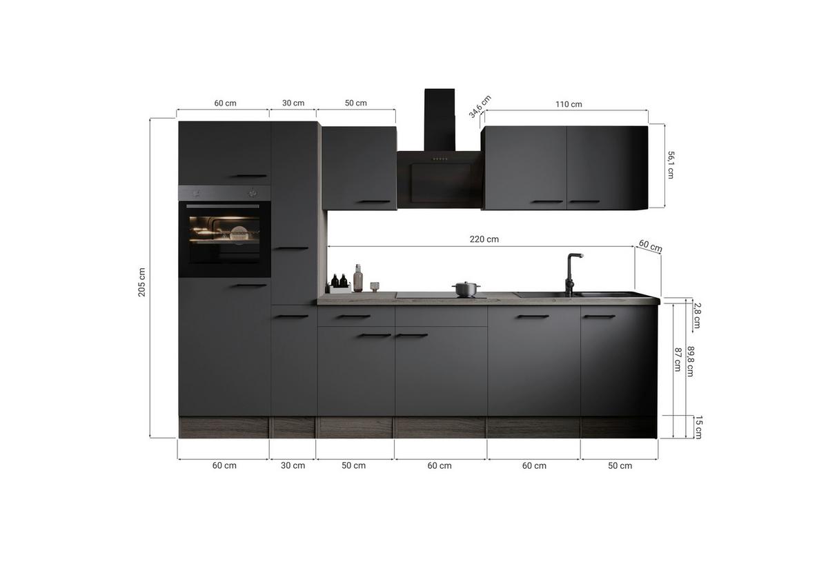 Kuhinjski Blok Z Aparati Oliver, 310cm - črna/siva, Design, kovina/leseni material (310cm) - Respekta