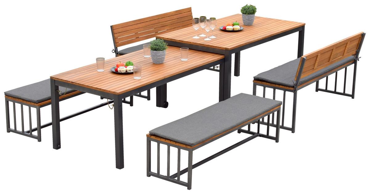 Gartenmöbel Set 10-tlg. Milos Echtholz/Metall mit Auflagen - Dunkelgrau/Graphitfarben, KONVENTIONELL, Holz/Textil - Gardenson