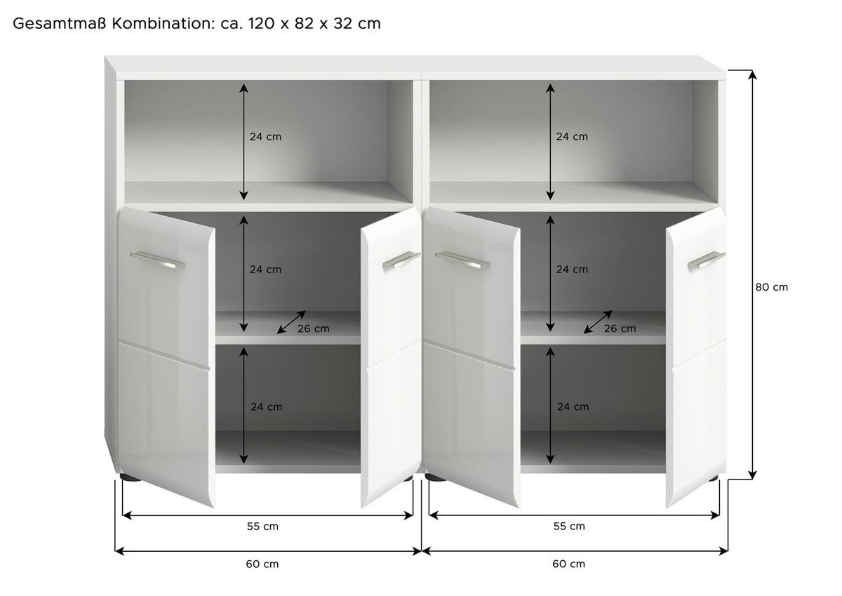 Midischrank ICE Weiß Hochglanz ca. 120x80x30 cm - Weiß Hochglanz/Silberfarben, MODERN, Holzwerkstoff/Kunststoff (120/80/30cm) - MID.YOU