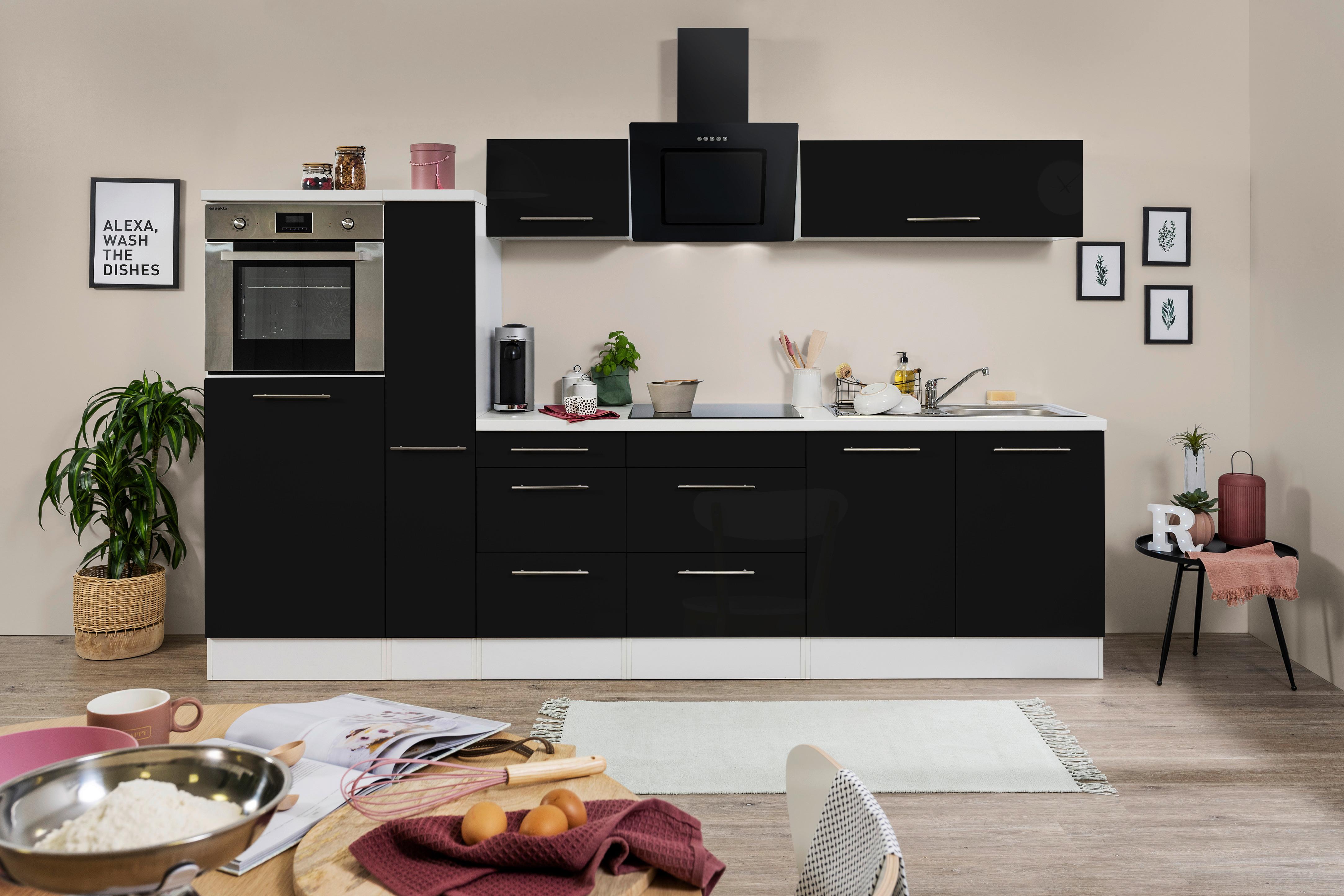 Küchenzeile mit Geräte Schwarz Hochglanz/Weiß B: ca. 300 cm - Edelstahlfarben/Schwarz, KONVENTIONELL, Holzwerkstoff/Metall (300cm) - Respekta