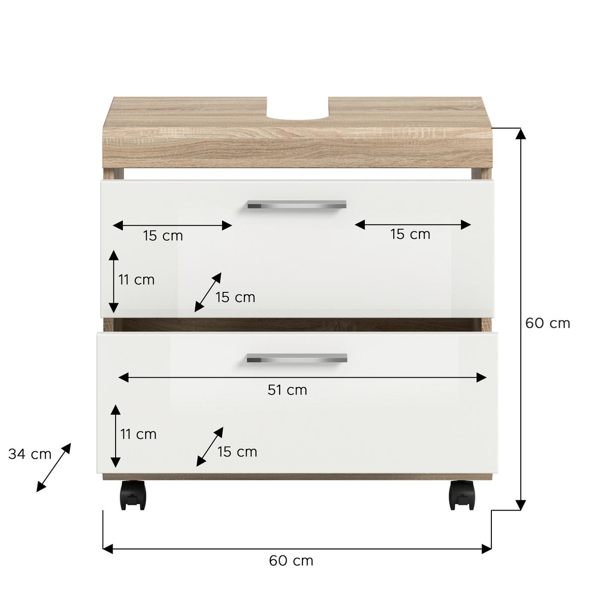 Waschbeckenunterschrank Lambada Weiß HB/Sonoma Eiche - Weiß Hochglanz/Silberfarben, Trend, Holzwerkstoff/Kunststoff (60/60/34cm) - MID.YOU