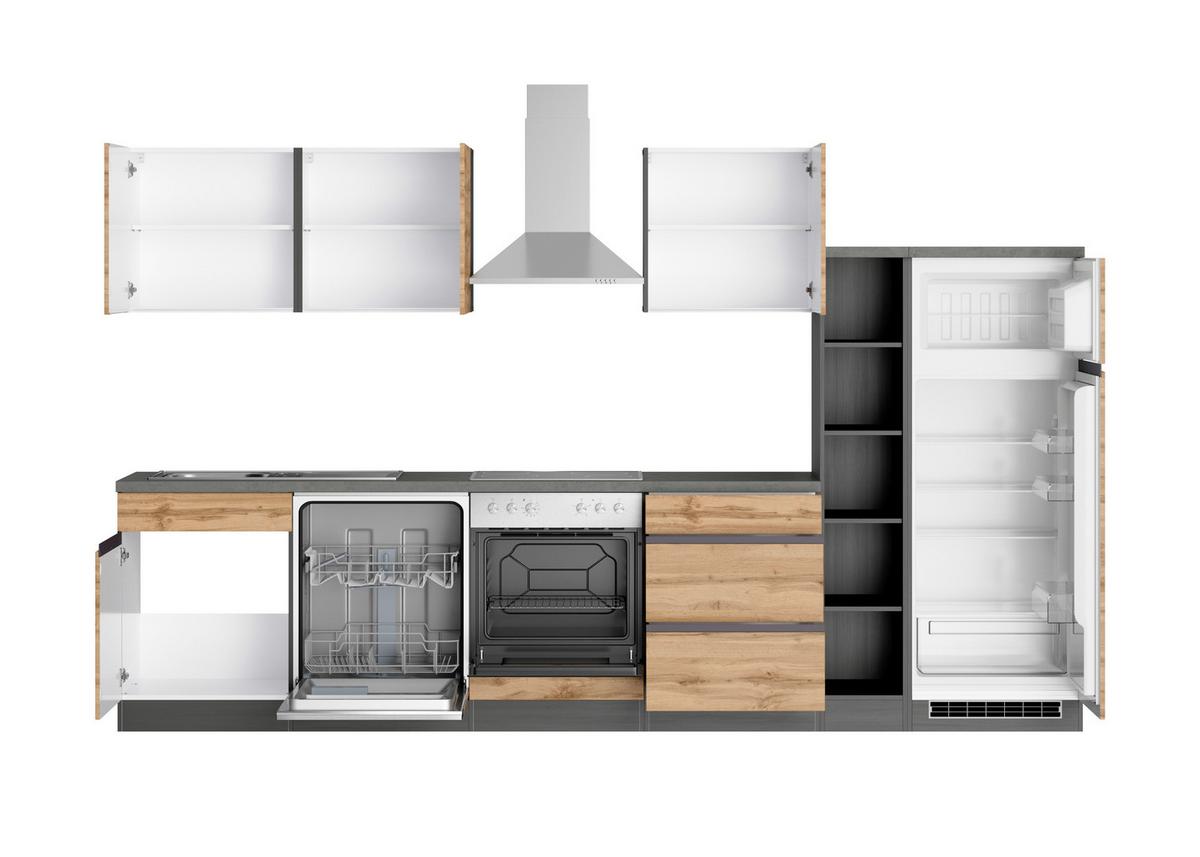 Küchenzeile Turin mit Geräten ca. 330 cm Graphit/Eiche - Eiche Wotan/Graphitfarben, Design, Holzwerkstoff (330cm) - Held