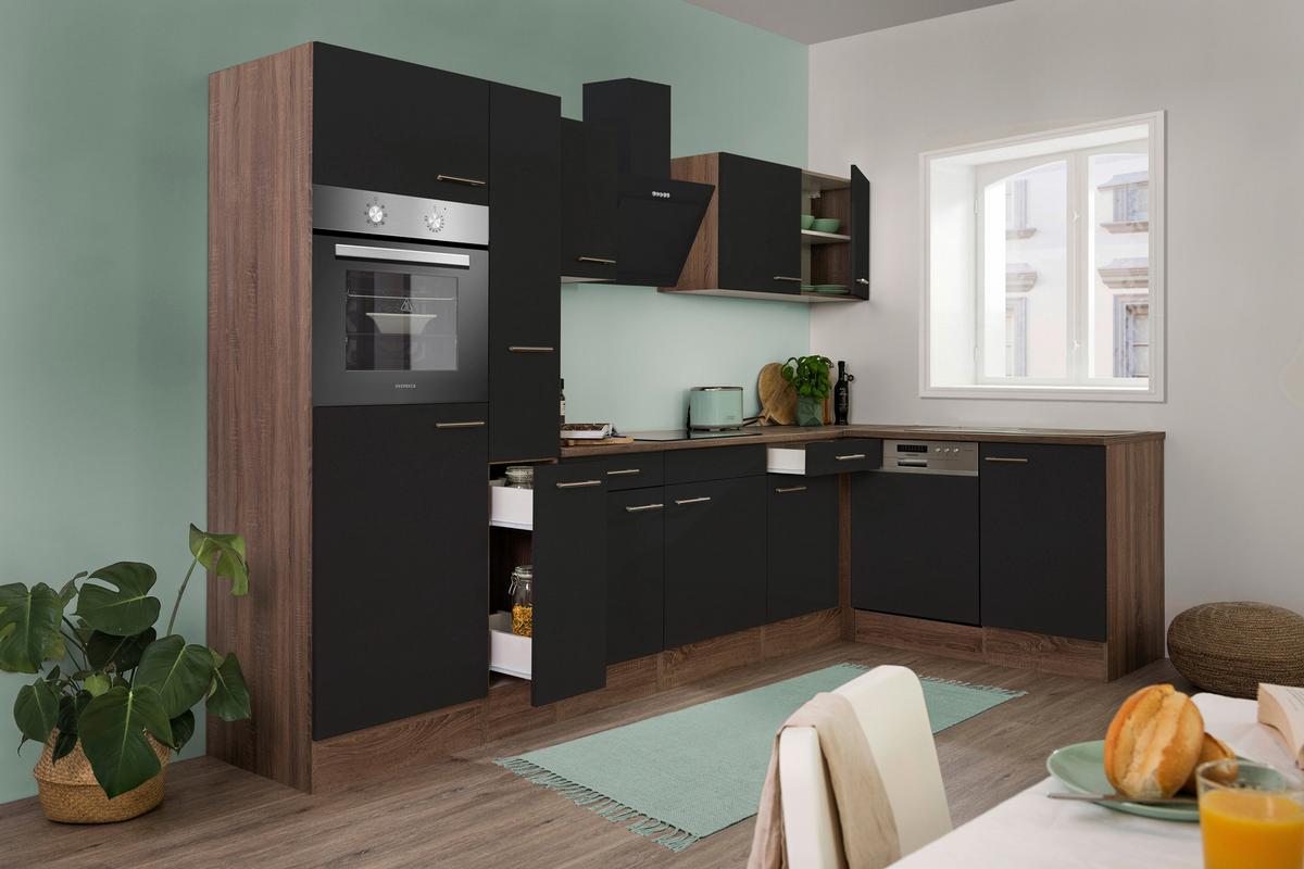 Eckküche Oliver mit Geräten ca. 310x172 cm Schwarz - Eichefarben/Schwarz, Basics, Holzwerkstoff/Metall (310/172cm) - Respekta