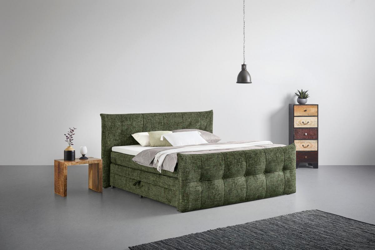 Boxspringbett Liverpool 3 Olivgrün ca. 180x200cm - Schwarz/Olivgrün, Konventionell, Holzwerkstoff/Kunststoff (180/200cm) - Premium Living