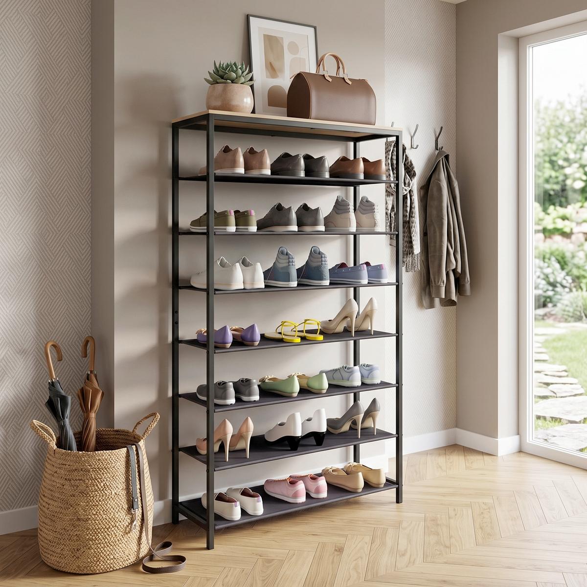 Schuhregal Taliro 7 - Honigeiche/Schwarz, Design, Holzwerkstoff/Metall (90/152/30cm) - MID.YOU