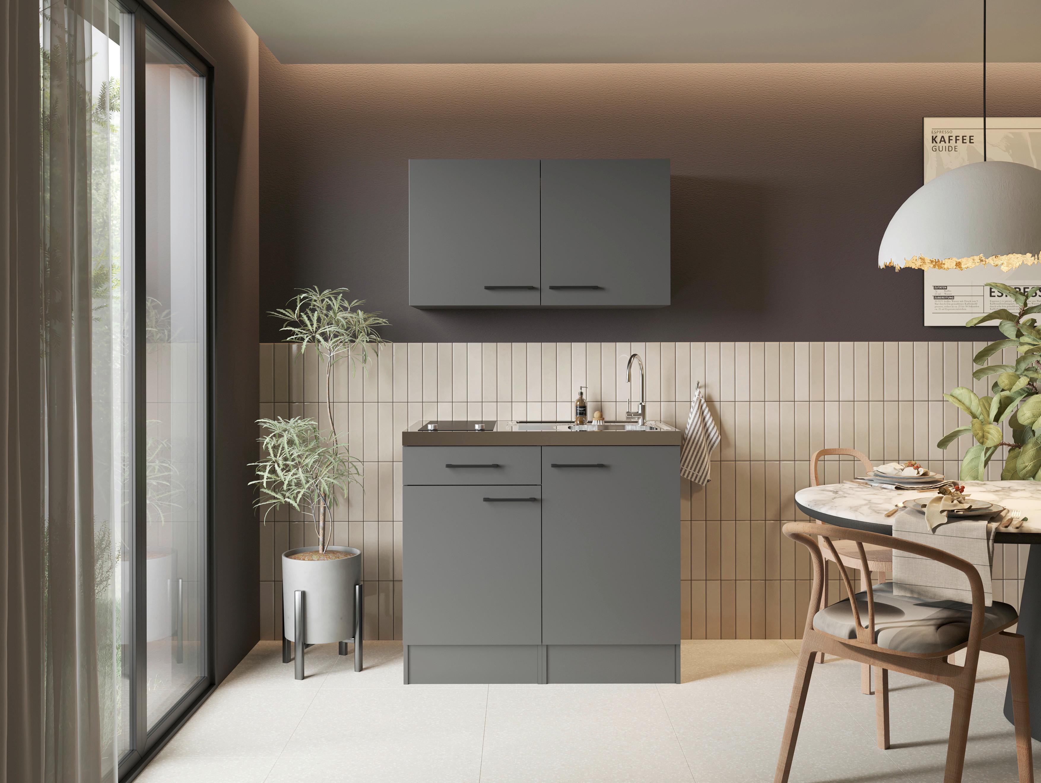 Miniküche Oliver m. Gerät ca. 100cm Grau - Schwarz/Grau, Trend, Holzwerkstoff/Metall (100cm) - Respekta
