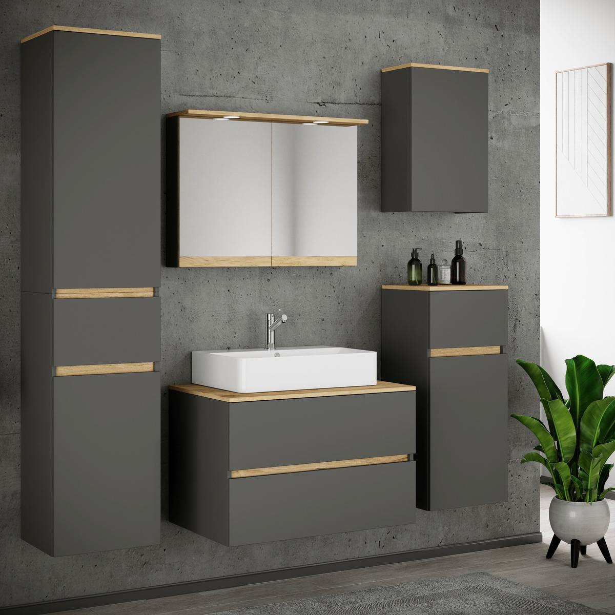 Badezimmer Cosila - Honigeiche/Weiss, Trend, Keramik/Holzwerkstoff (160cm) - MID.YOU