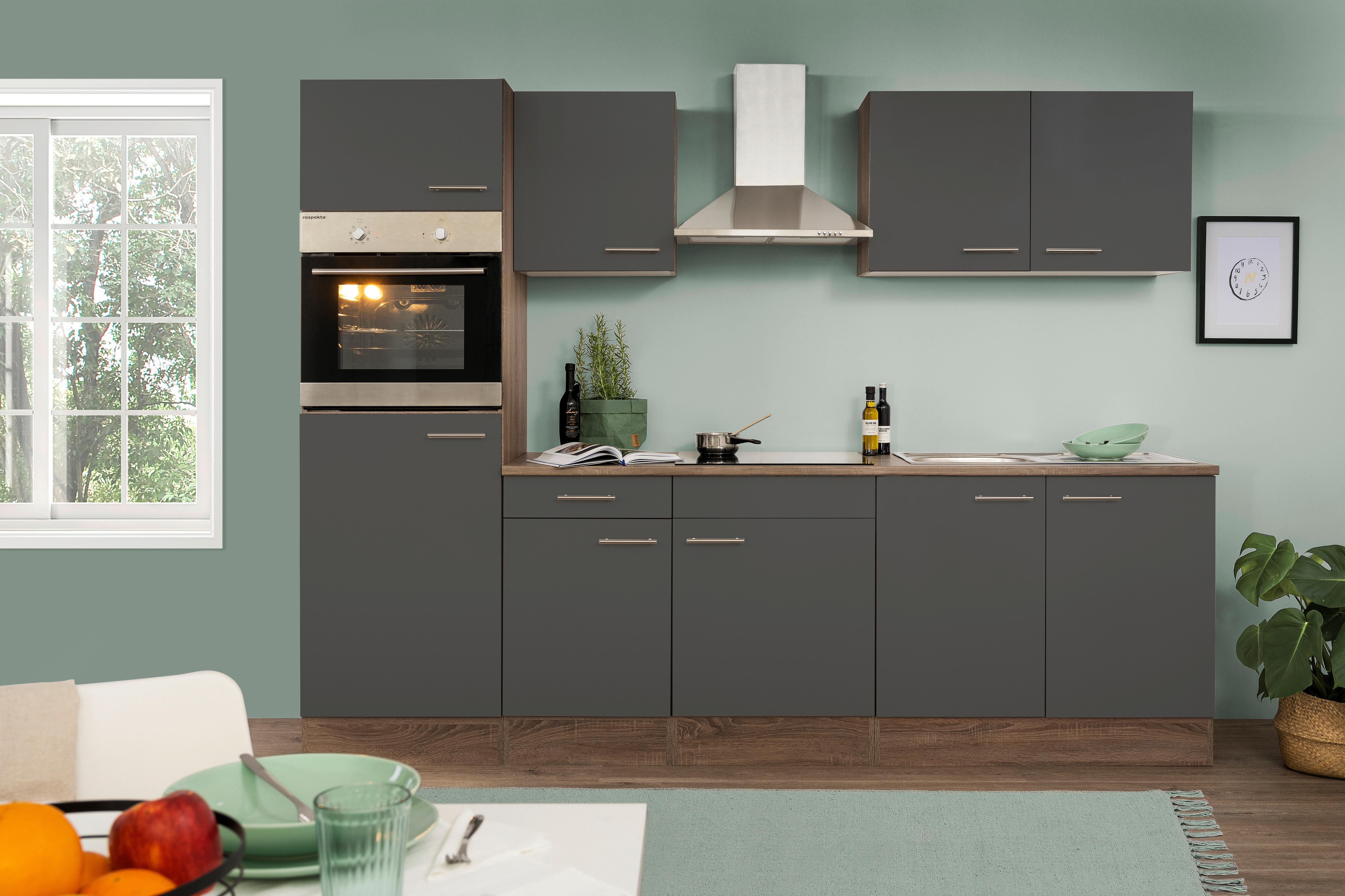 Küchenzeile mit Geräte Grau /Eiche Dekor B: ca. 270 cm - Edelstahlfarben/Eichefarben, Design, Holzwerkstoff/Metall (270cm) - Respekta