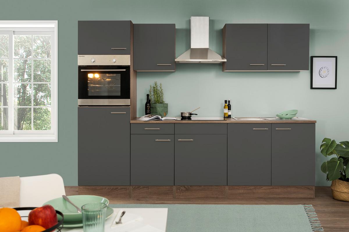 Küchenzeile mit Geräte Grau /Eiche Dekor B: ca. 270 cm - Edelstahlfarben/Eichefarben, Design, Holzwerkstoff/Metall (270cm) - Respekta