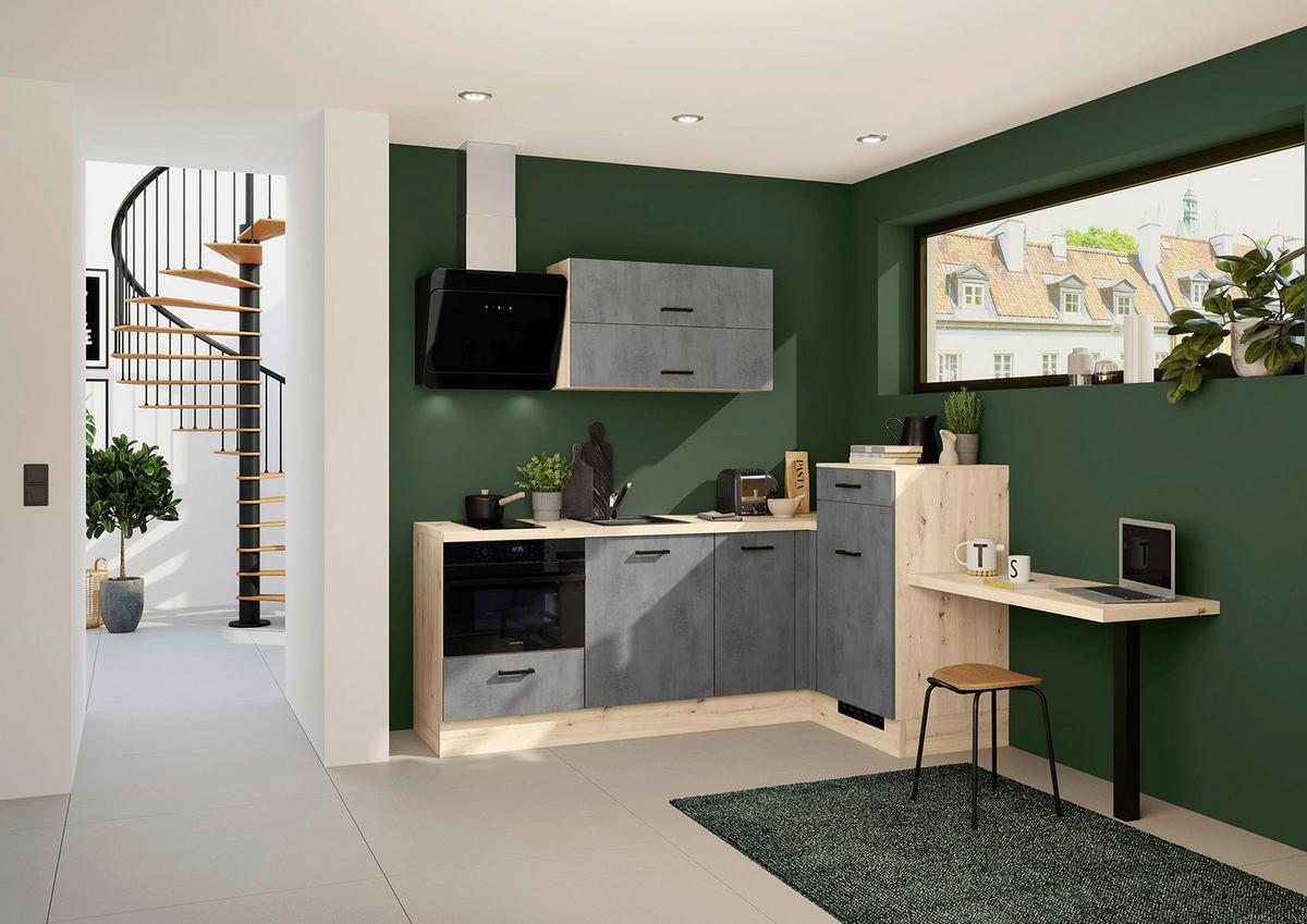 Eckküche IKZ mit Geräten ca. 241x225 cm Grau - Eichefarben/Schwarz, Design, Holzwerkstoff/Metall (225/241cm) - Impuls