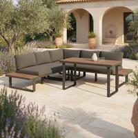Dining-Loungeset Gianna Holz Outdoorstoff/Metall +Abdeckung - Schwarz/Teakfarben, MODERN, Holz/Textil (221/71/76cm) - Bessagi Garden
