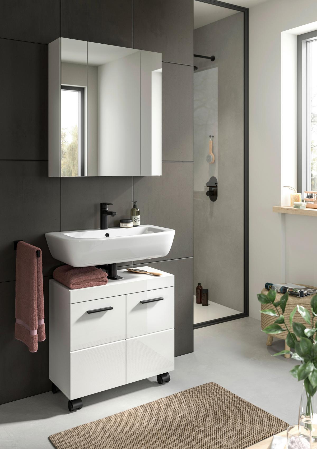Badezimmer NOVA Weiß, Weiß Hochglanz 2-teilig - Weiß Hochglanz/Schwarz, Trend, Glas/Holzwerkstoff (60cm) - MID.YOU