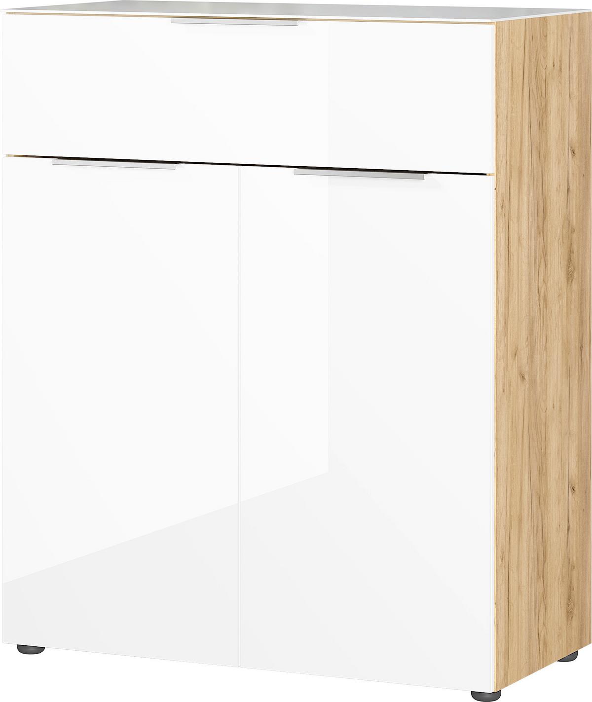 Kommode Oakland in Weiß/Eichefarben - Eichefarben/Silberfarben, MODERN, Glas/Holzwerkstoff (83/102/42cm) - Premium Living