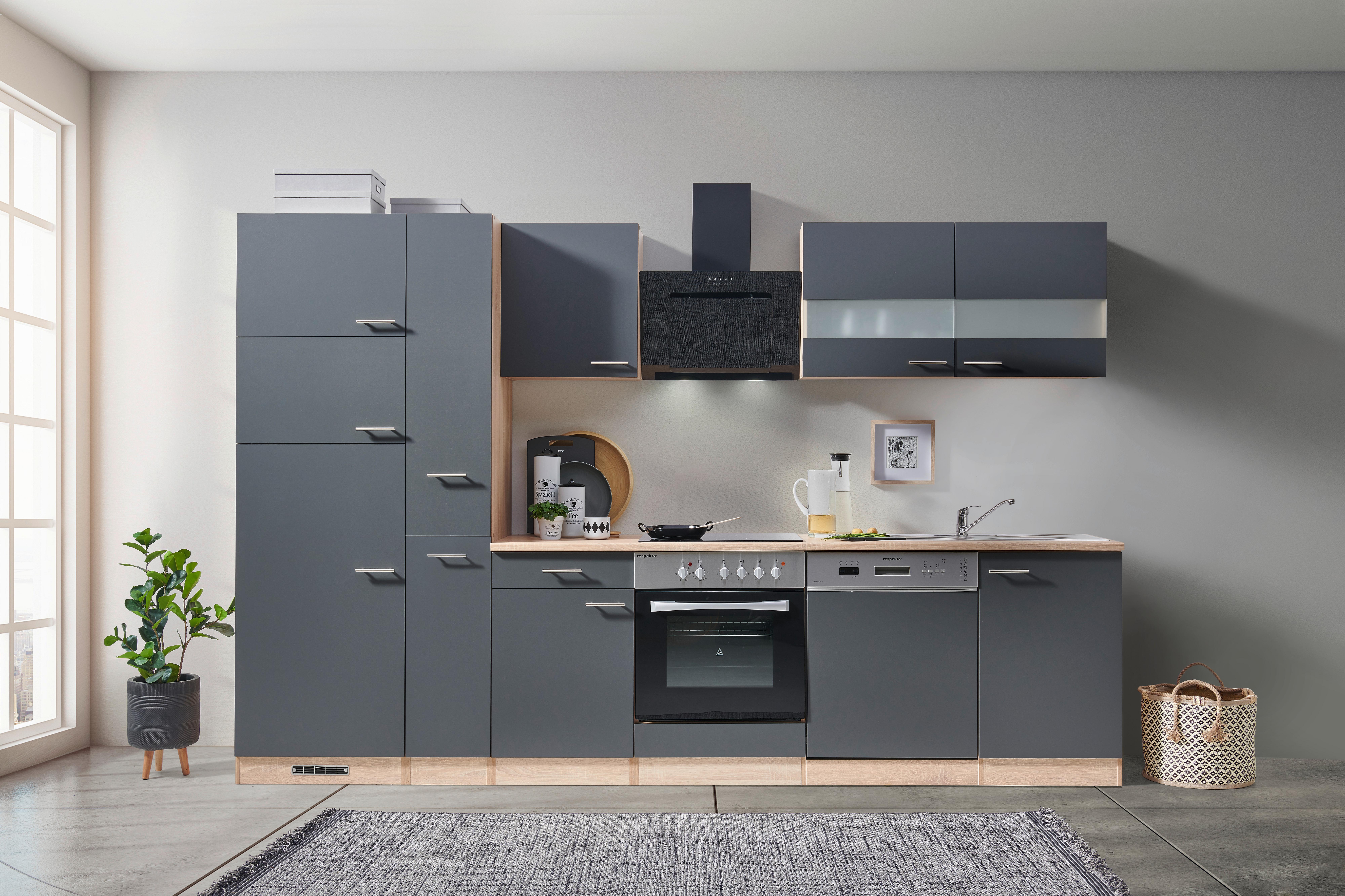 Küchenblock ECONOMY 310 Grau/Eiche B: ca. 310 cm - Eichefarben/Grau, Basics, Holzwerkstoff (310cm) - Respekta