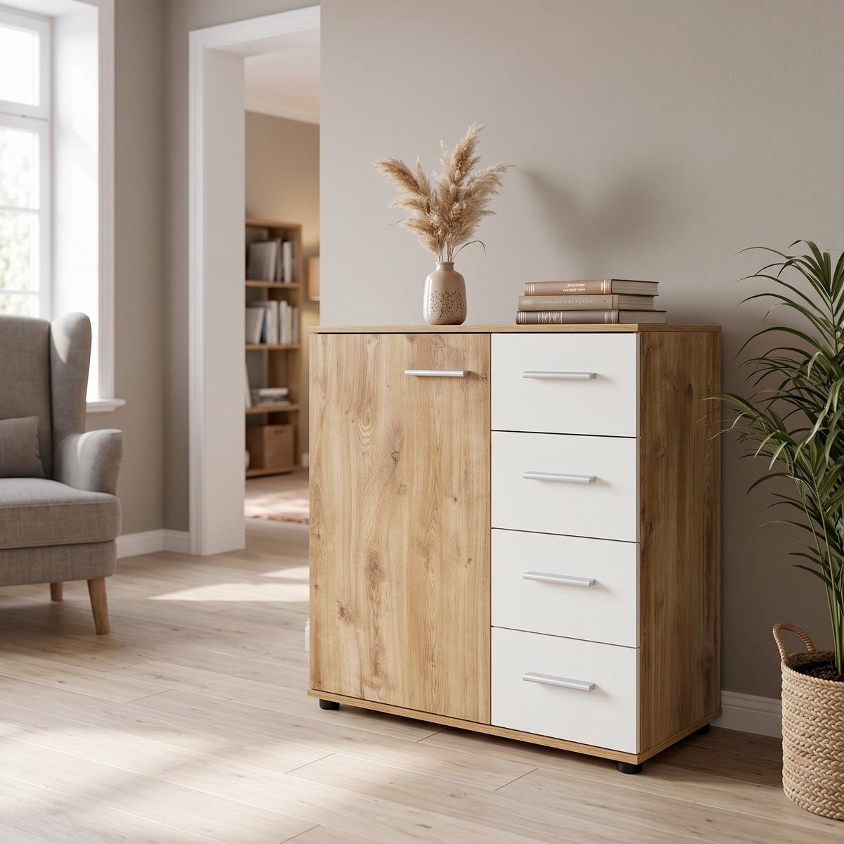 Komoda Katrin, Bela, Barva Hrasta - barve hrasta/bela, Konvencionalno, umetna masa/leseni material (81/83/41cm) - Modern Living