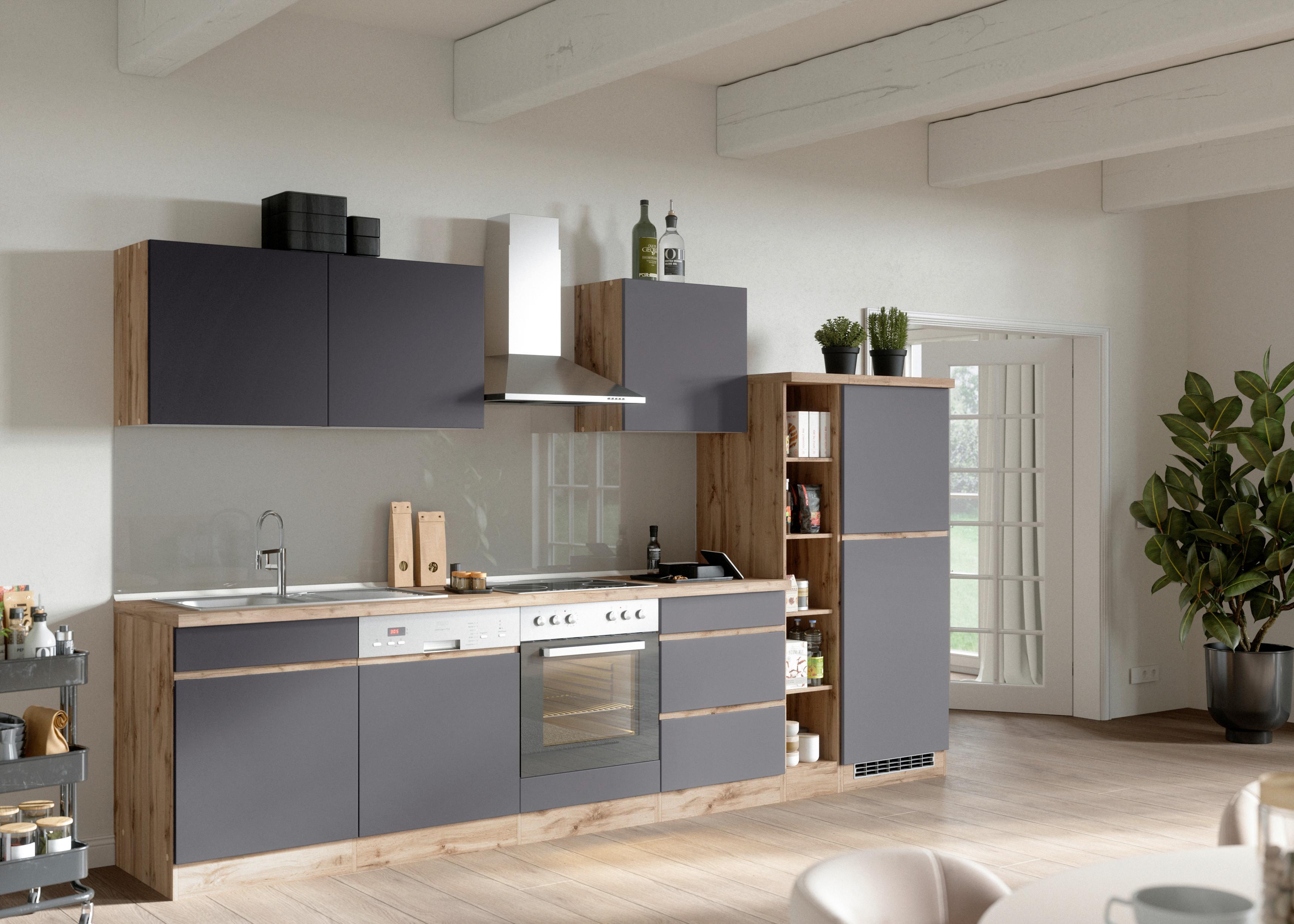 Küchenblock Turin mit Geräten c.a 330 cm Grau/Eiche - Eiche Wotan/Grau, Design, Holzwerkstoff (330cm) - Held