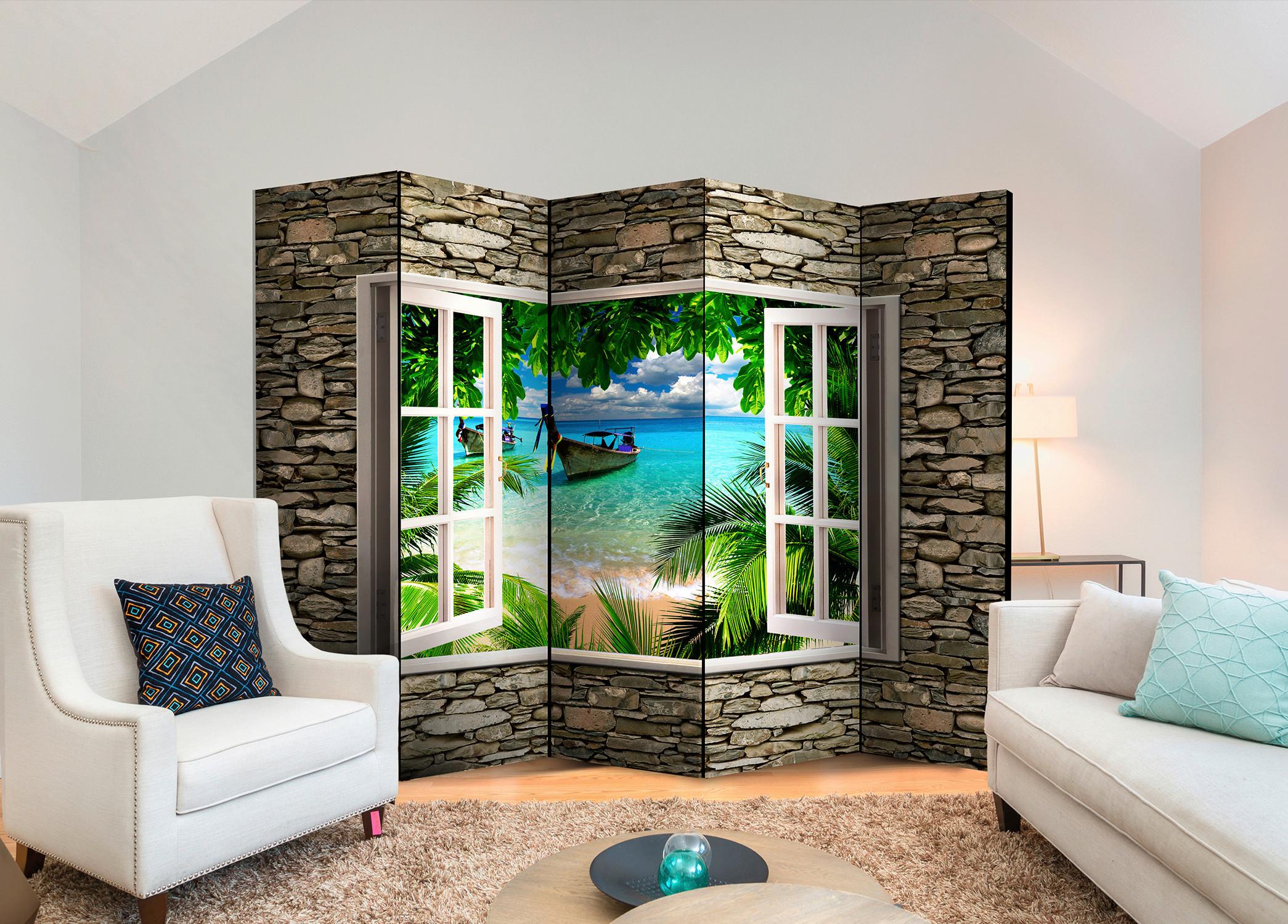 Paravan Tropical Beach I, 5-Delni, Dvostranski - svetlo modra/rjava, Basics, tekstil/les (225/172/3cm) - artgeist